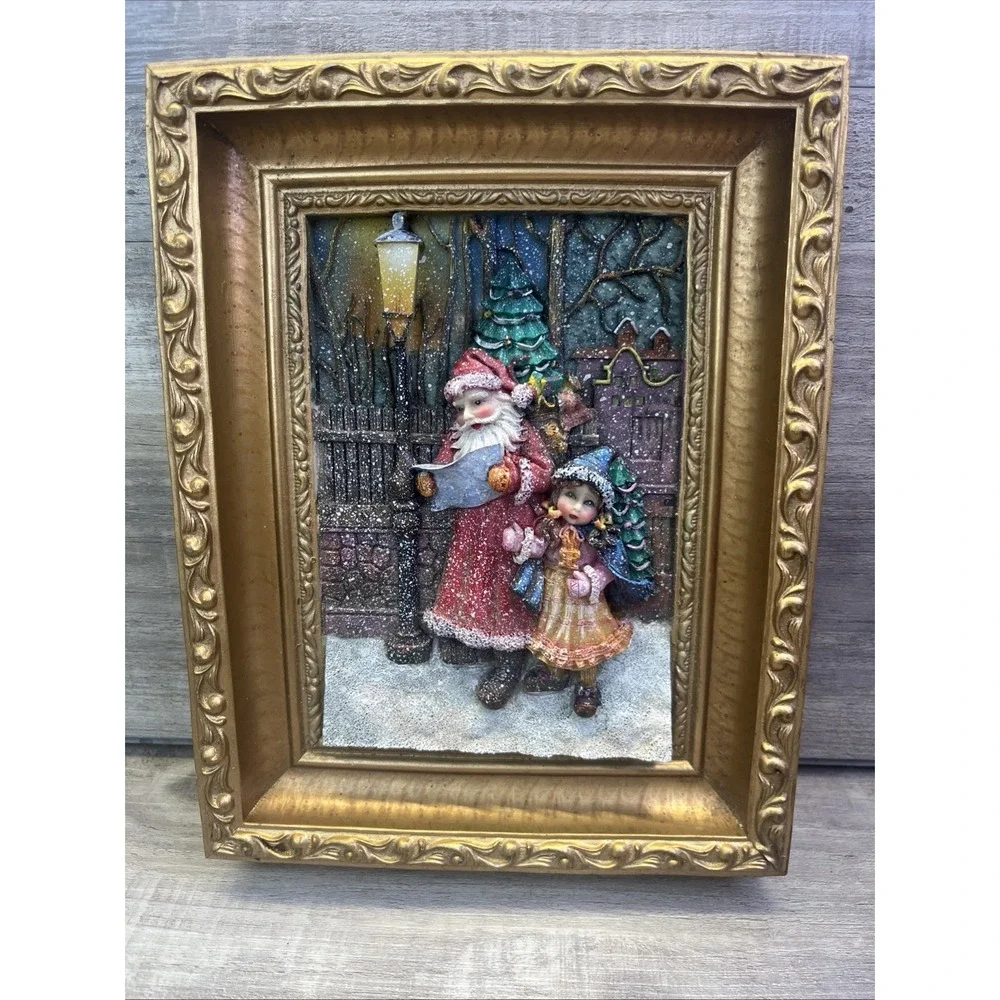 Santa Little Girl In The Snow Christmas Tree Gold Framed Vintage 3D Picture